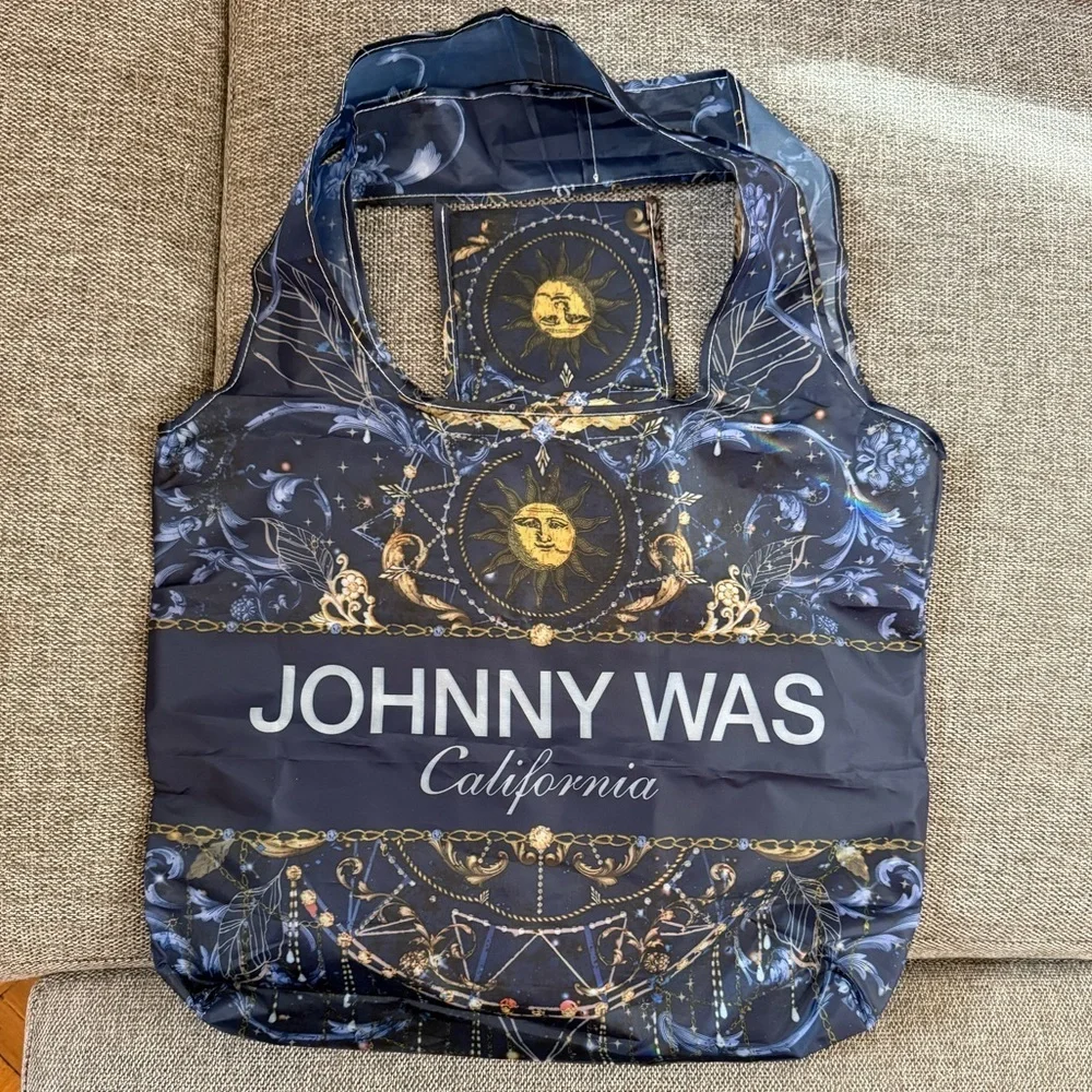 Johnny Was California Reusable Shopping Bag Tote Blue Gold Moon Packable New - Picture 8 of 12